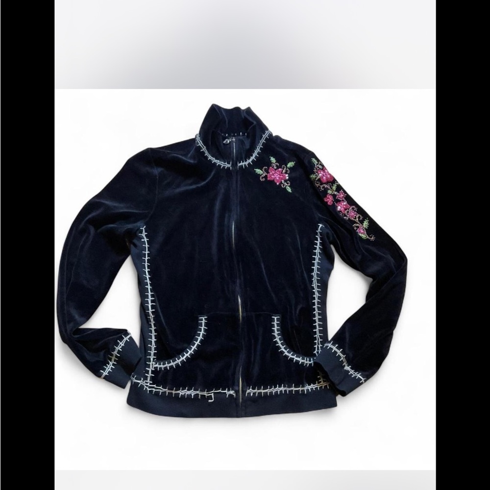 TWISTED HEART Navy Bomber Jacket with Pink Floral Embroidery y2k‎